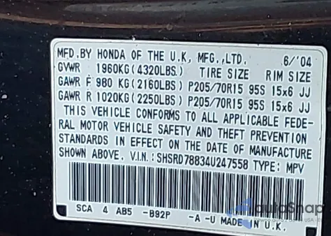 2004 Honda Cr-V Ex z USA, uszkodzony, nr VIN SHSRD78834U247558